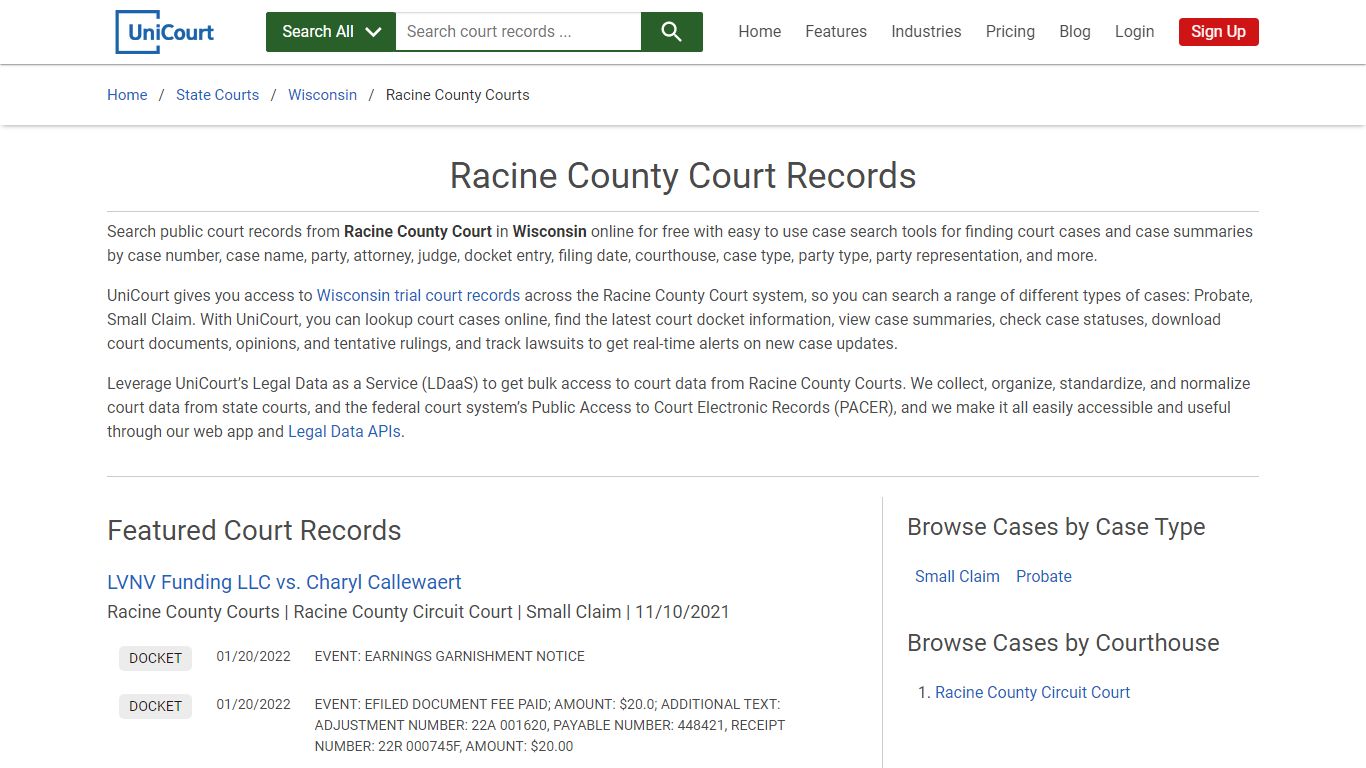 Racine County Court Records | Wisconsin | UniCourt